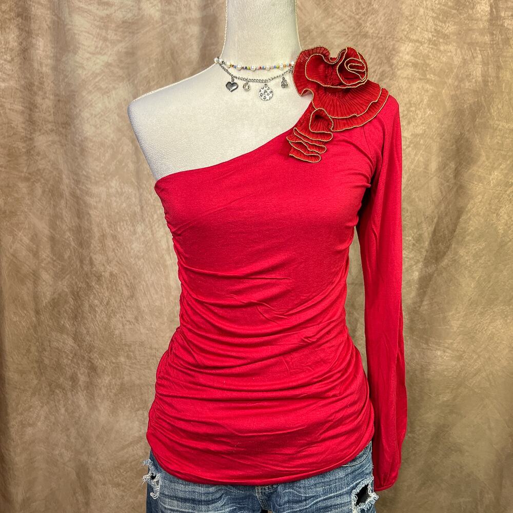 One Shoulder Ruched Top Flamenco Floral Ruffled Red Long Sleeve Vintage Y2K